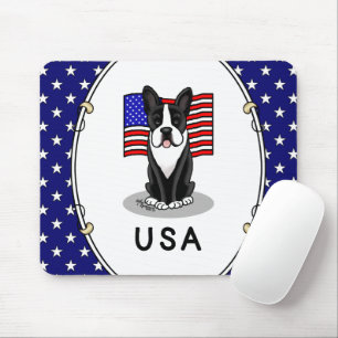 Cute USA American Flag Boston Terrier Dog (black) Mouse Pad