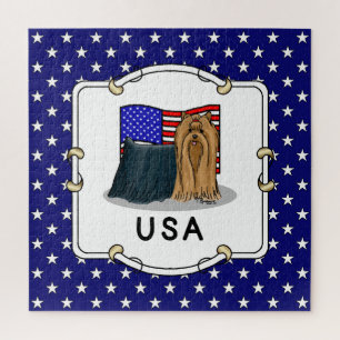 Cute USA American Flag Yorkshire Terrier (Yorkie) Jigsaw Puzzle
