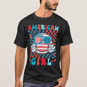 Cute Usa Flag Face American Chequered Girl July 4t T-Shirt