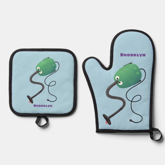 Cute vacuum cleaner cartoon humour oven mitt & pot holder set (Front)