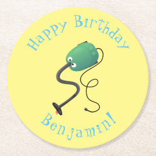 Cute vacuum cleaner cartoon humour round paper coaster