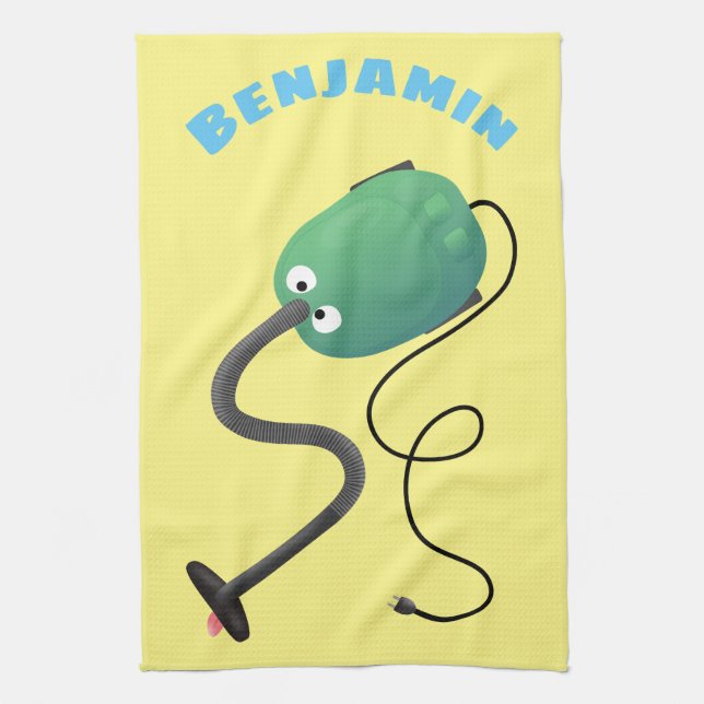 Cute vacuum cleaner cartoon humour tea towel (Vertical)