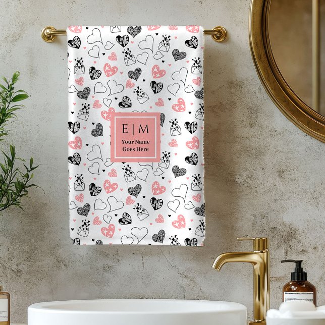 Cute Valentine Bath Towel Pink Black Love Text (Cute Valentine Bath Towel Pink Black Love Text)