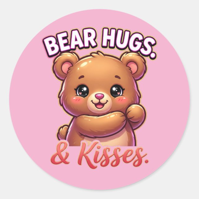 Cute Valentine Bear – Bear Hugs & Kisses Classic Round Sticker (Front)