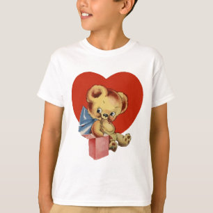 Cute Valentine Bear on pink flowered background T-Shirt
