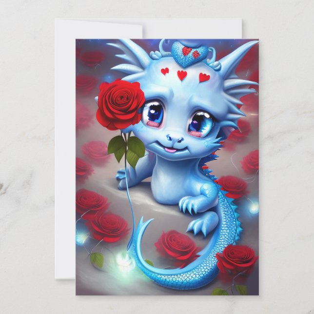Cute Valentine Blue Dragon  Holiday Card (Front)