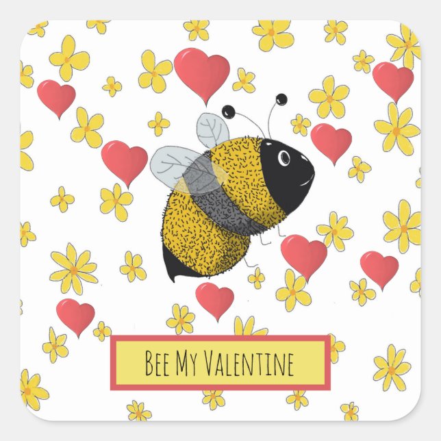 Cute Valentine Bumblebee Daisy Pink Heart Square Sticker (Front)