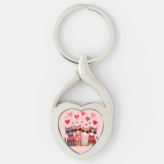 Cute Valentine Cats in Heart Sunglasses Key Ring (Front)