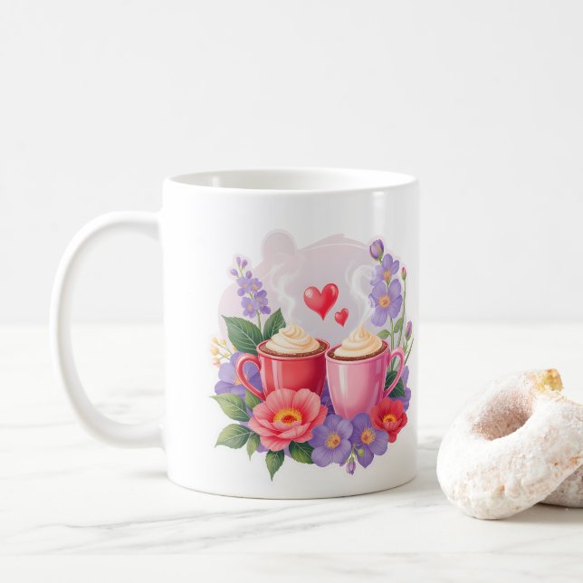 Cute Valentine Cocoa Mugs with Flowers & Hearts (With Donut)