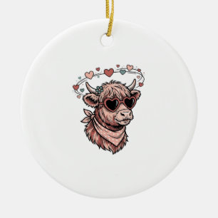 Cute Valentine Cow Vintage Engraving Heart Glasses Ceramic Ornament