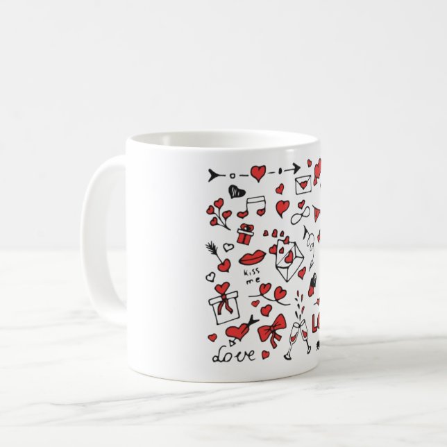Cute Valentine Day Doodle Love Design on White Mug (Front Left)