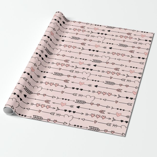 Cute Valentine Day Hearts and Arrows Wrapping Paper (Unrolled)
