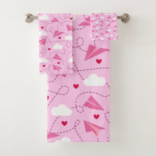Cute Valentine Flying Aeroplane Red Pink Hearts Bath Towel Set