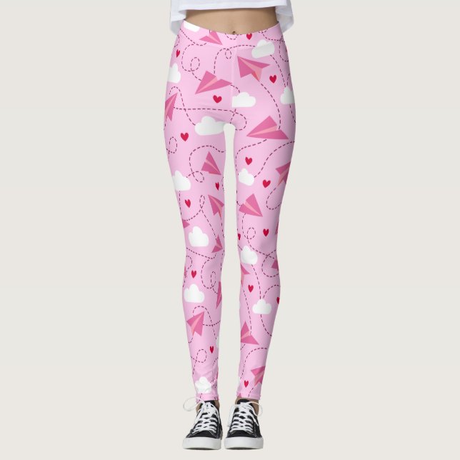 Cute Valentine Flying Aeroplane Red Pink Hearts Leggings (Front)