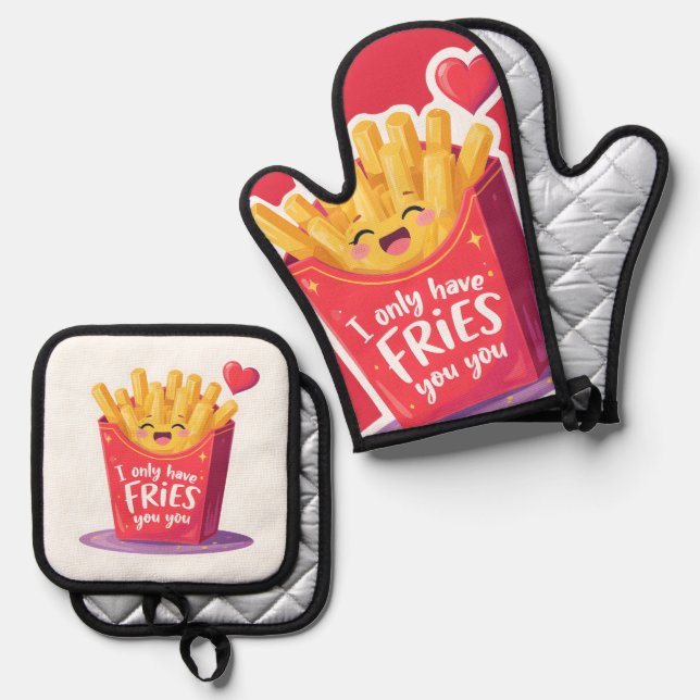 Cute Valentine French Fries Pun Oven Mitt & Pot Holder Set (Front/Back)