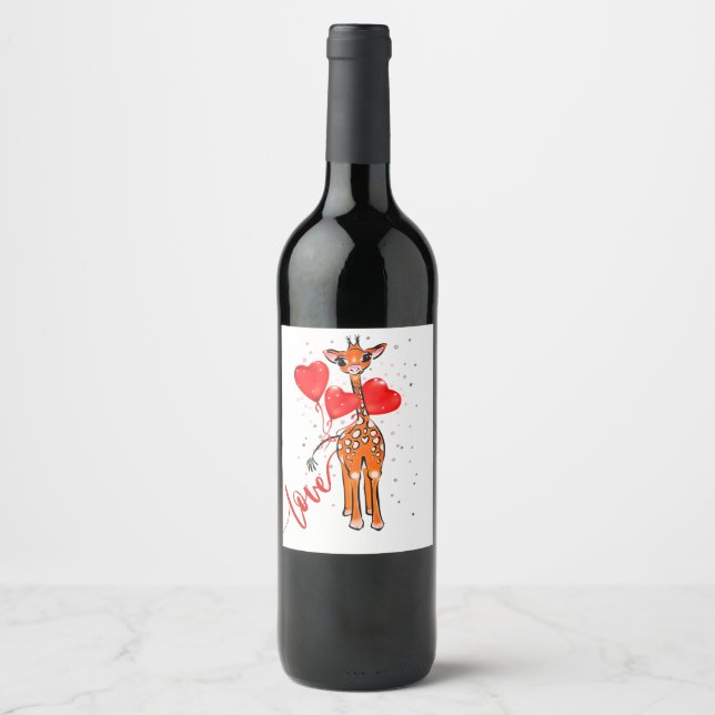 Cute valentine giraffe with heart balloons  wine label (Front)
