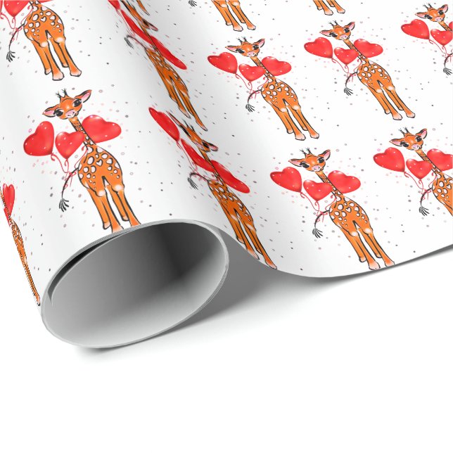 Cute valentine giraffe with heart balloons  wrapping paper (Roll Corner)