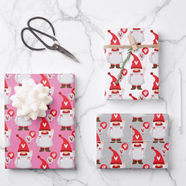Cute Valentine Girl Gnome Pattern Wrapping Paper Sheet (Front)