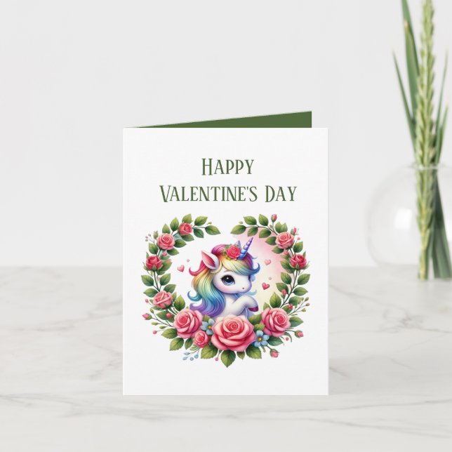 Cute Valentine girls unicorn add message  Holiday Card (Front)