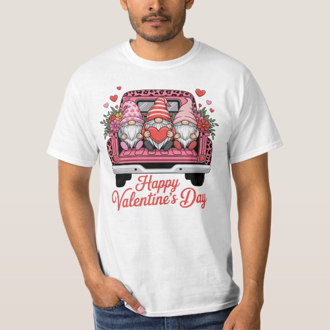 cute-valentine-gnomes-pink-truck-happy-valentines- T-Shirt (Front)