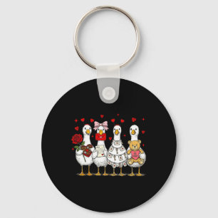 Cute Valentine Goose Friends With Hearts And Bear Key Ring