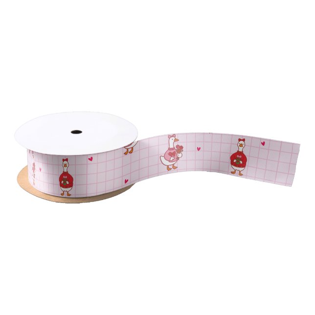Cute Valentine Goose Hearts Pink Grid Pattern  Satin Ribbon (Spool)