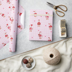 Cute Valentine Goose Pattern Hearts Pink Grid Wrapping Paper