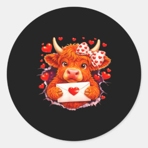 Cute Valentine Highland Cow With Heart Bow Western Classic Round Sticker
