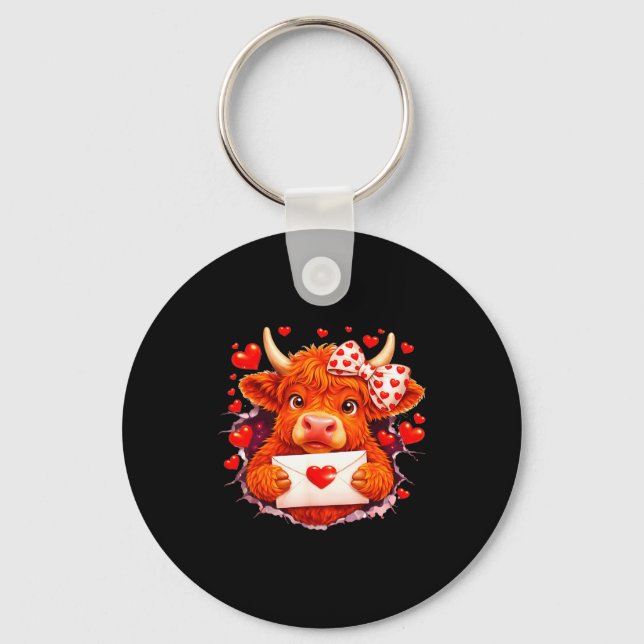 Cute Valentine Highland Cow With Heart Bow Western Key Ring (Front)