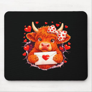 Cute Valentine Highland Cow With Heart Bow Western Mouse Pad