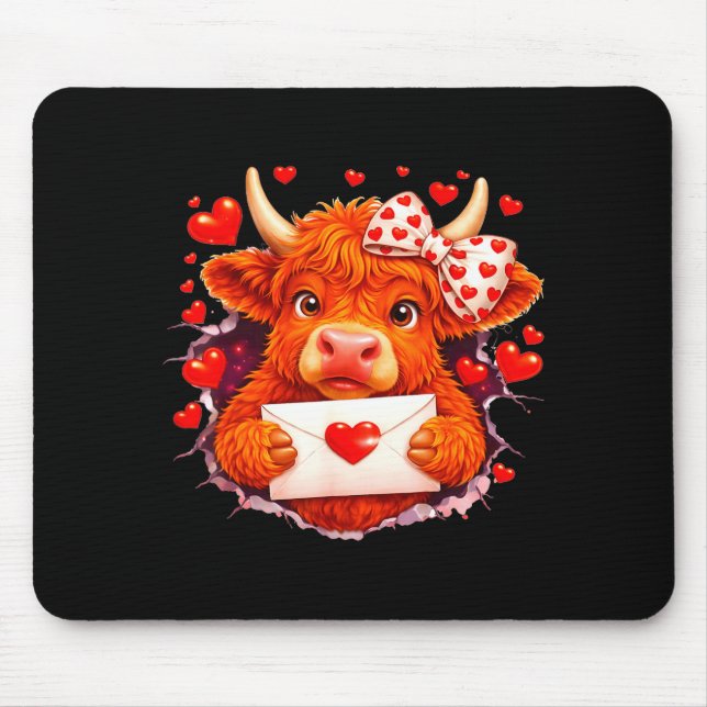 Cute Valentine Highland Cow With Heart Bow Western Mouse Pad (Front)