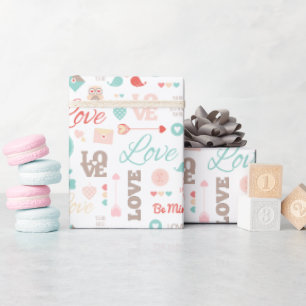 Cute Valentine Icons Pink Heart Owl Love Arrow Wrapping Paper