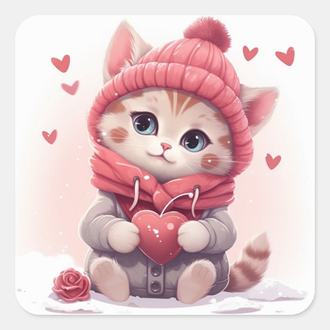 Cute Valentine kitty Square Sticker (Front)