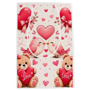 Cute Valentine Love Birds Teddy Bears Wrapping Medium Gift Bag
