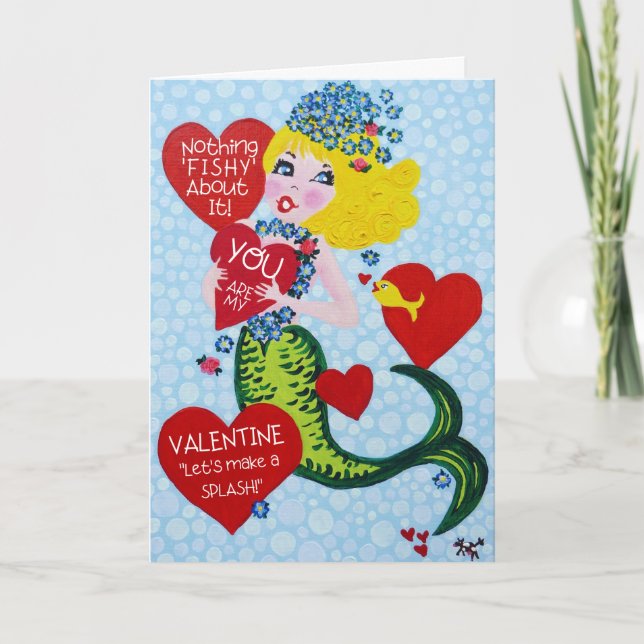 Cute Valentine Mermaid, Vintage-Style Holiday Card (Front)