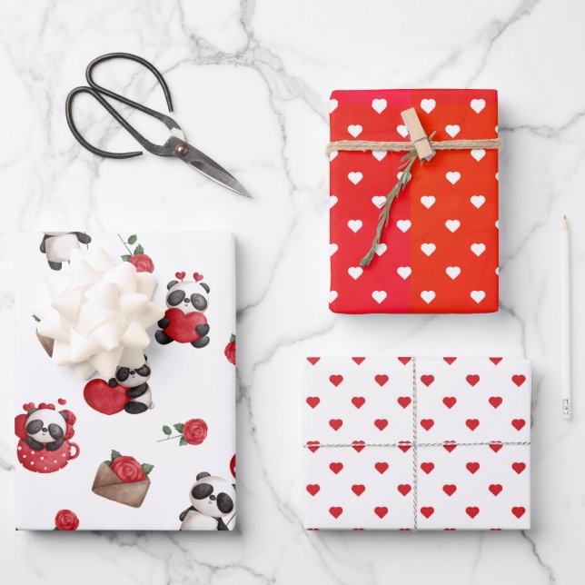 Cute Valentine Panda Bears Set of 3 Designs Wrapping Paper Sheet (Front)
