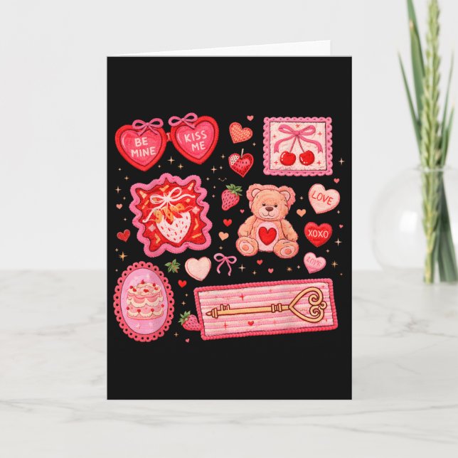 Cute Valentine Patch Collage With Hearts And Bear  Card (Front)