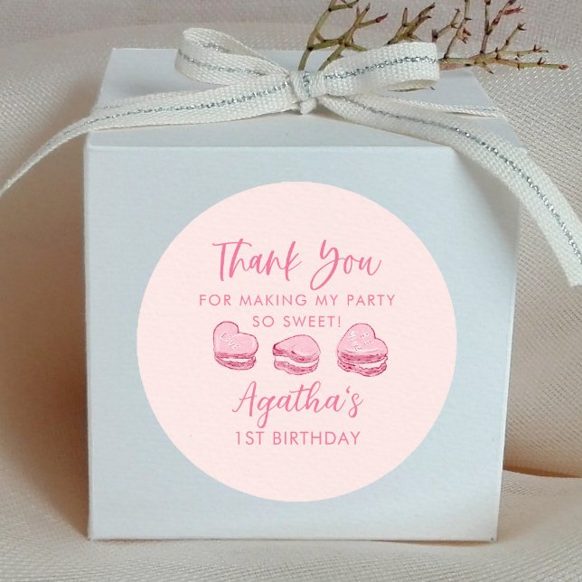 Cute Valentine Pink Heart Birthday Party Favour Classic Round Sticker (Creator Uploaded)