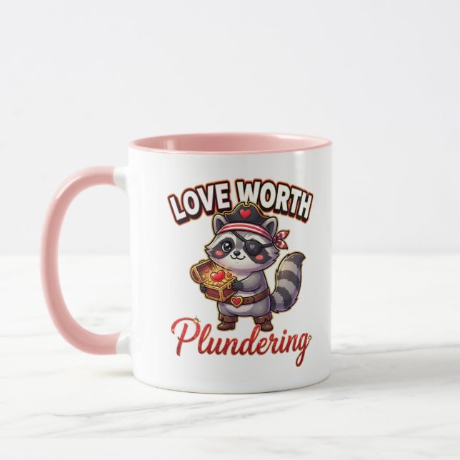 Cute Valentine Raccoon Pirate-Love Worth Plunderin Mug (Left)