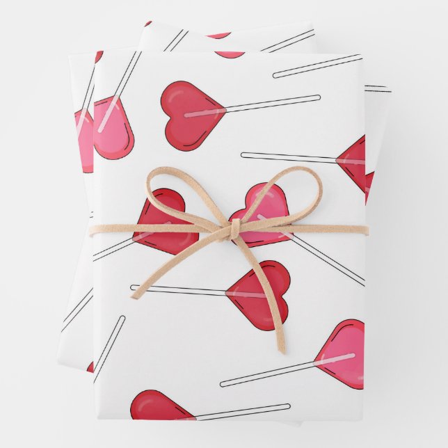 Cute Valentine Red Heart | Lollipop Pattern    Wrapping Paper Sheet (In situ)