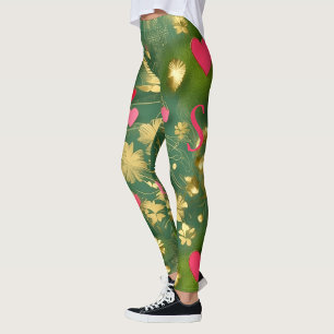 Cute Valentine’s Day moss green pink floral hearts Leggings