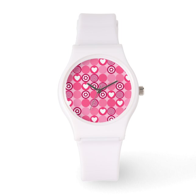 Cute Valentine’s Day Pink Heart and Flower Pattern Watch (Front)