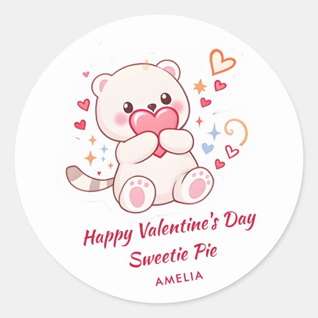  Cute Valentine’s Day with Kawaii Bear and Hearts Classic Round Sticker (Front)