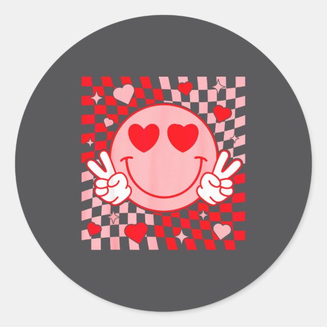 Cute Valentine Smile Face Smiling Checkered Patter Classic Round Sticker (Front)