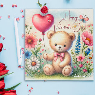 Cute Valentine Teddy Bear in Wildflowers  Holiday Card