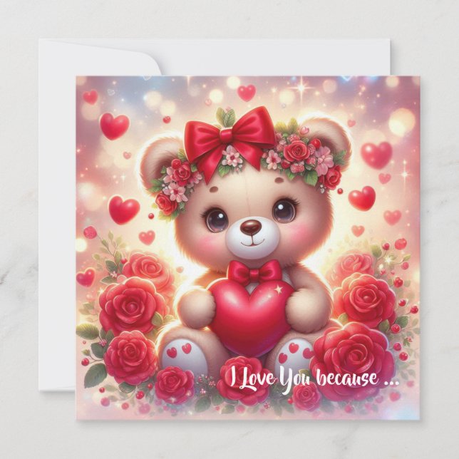 Cute Valentine teddy bear with red heart  Holiday Card (Front)