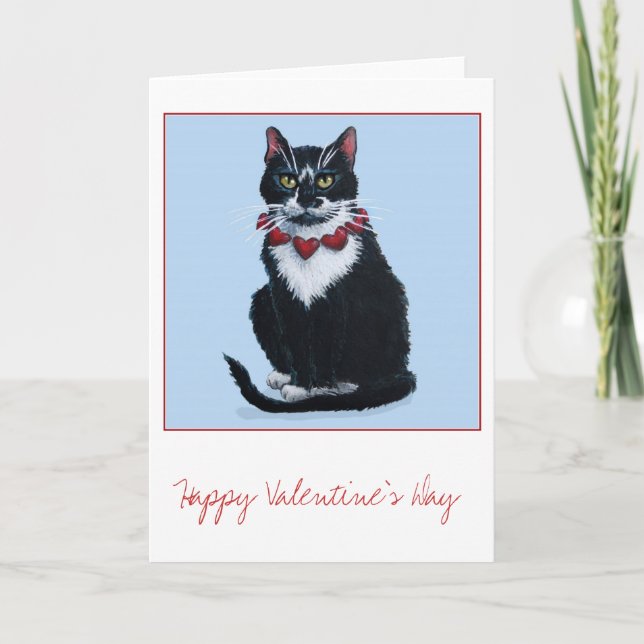 Cute Valentine tuxedo cat greeting card (Front)
