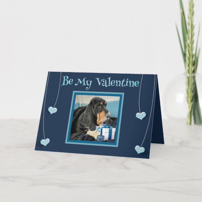 Cute Valentine w/Basset Hound & Hearts in Blue Card (Front)