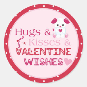 Cute Valentine Wishes Puppy Hugs Kisses Classic Round Sticker