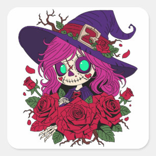 Cute Valentine Witch Zombie Square Sticker